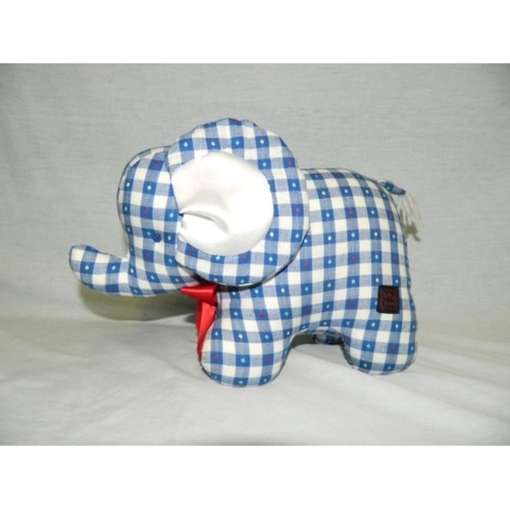 KATE FINN Rattle Elephant plush 10" Blue White Check Australia stuffed Gingham